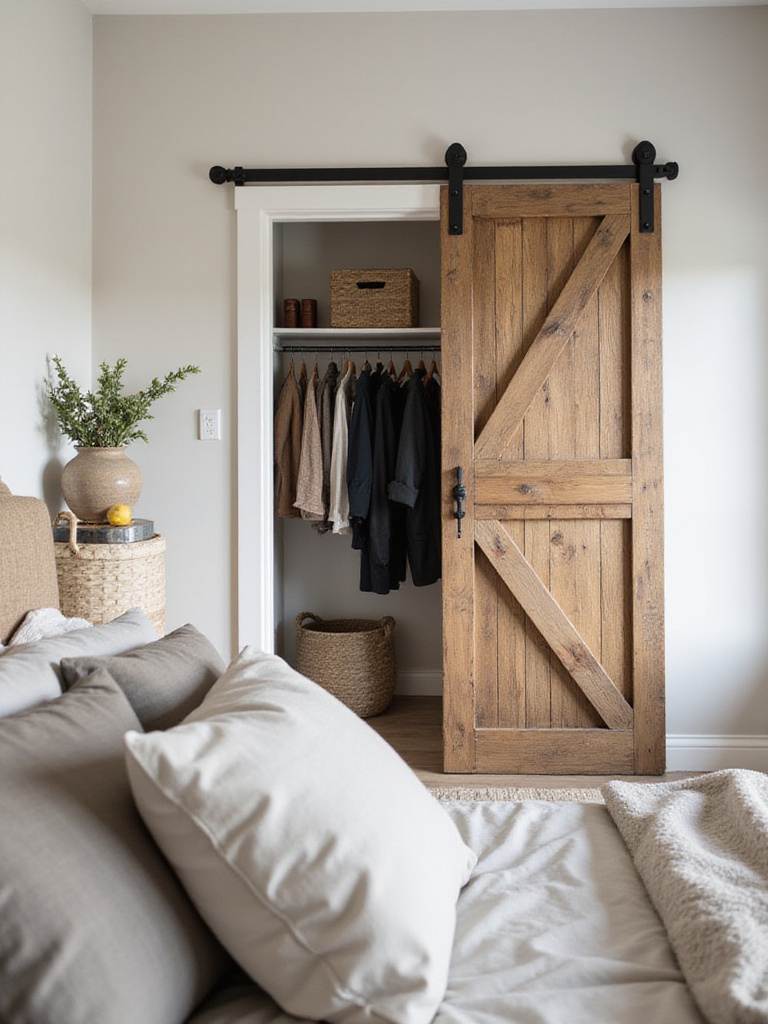 Farmhouse bedroom with sliding reclaimed wood barn door closet