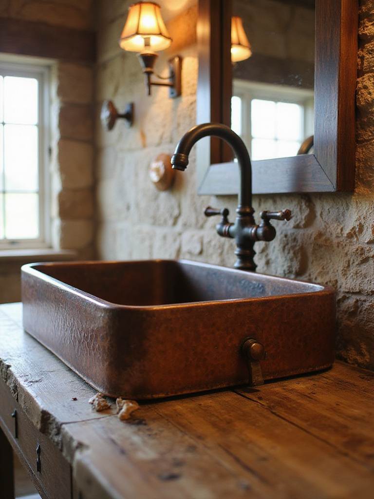 Rustic bathroom with hammered copper sink and reclaimed wood vanity.