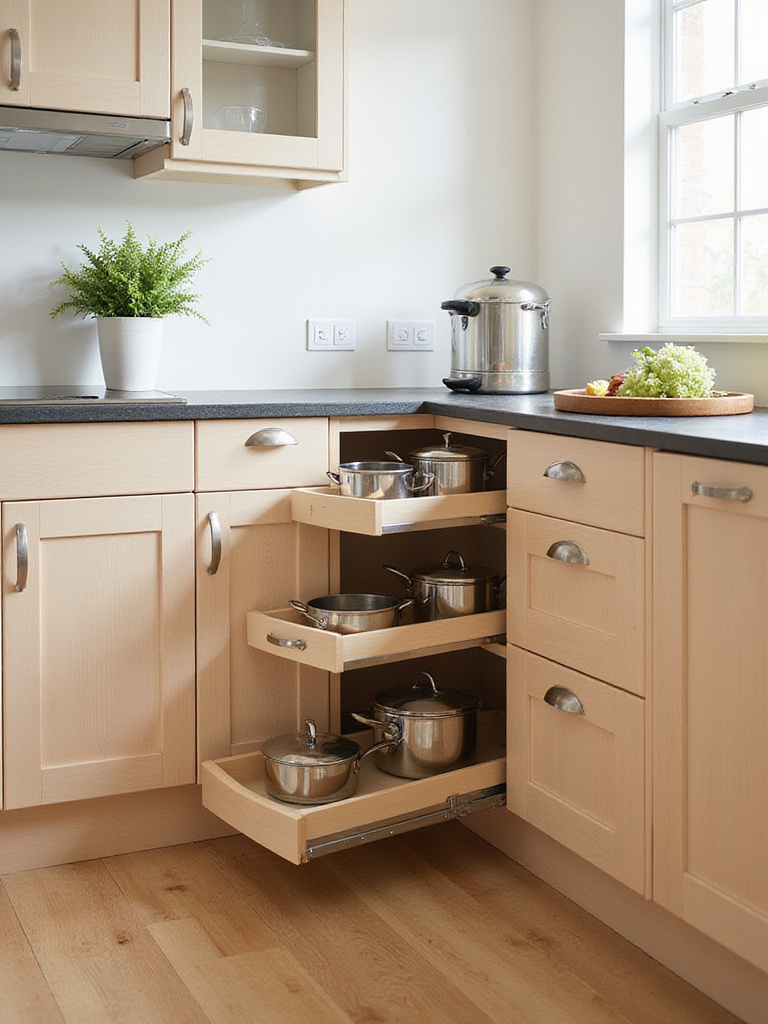LeMans corner cabinet pull-out unit displaying organized kitchenware