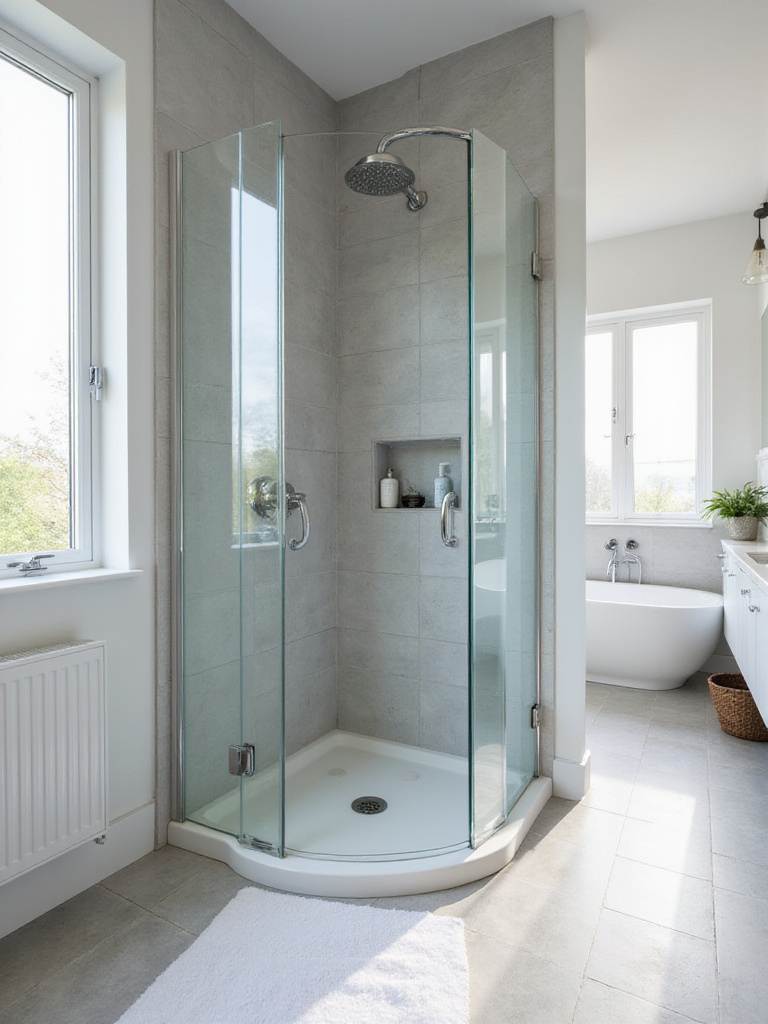 Modern bathroom with a frameless corner shower enclosure.