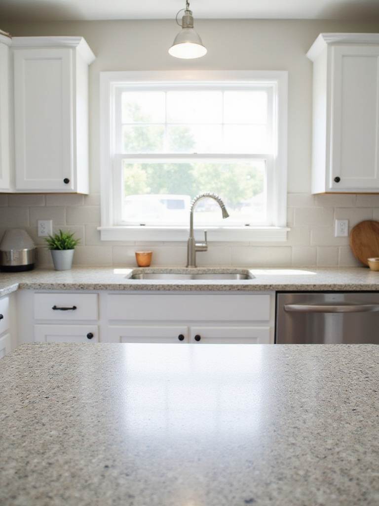 Kitchen with refreshed laminate countertops painted to look like granite