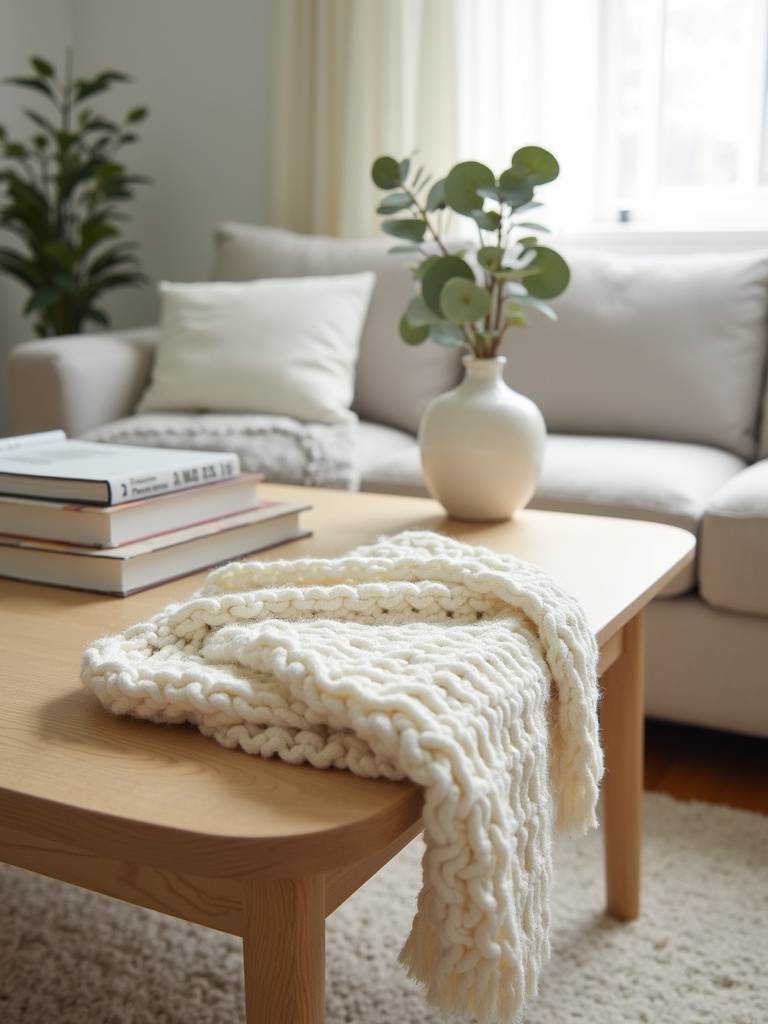 Cozy living room coffee table styled with art books, eucalyptus, and a cream-colored chunky knit throw blanket.