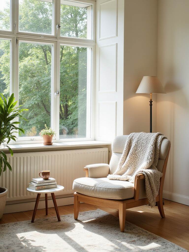 Cozy bedroom corner with armchair, side table, and window overlooking a garden.