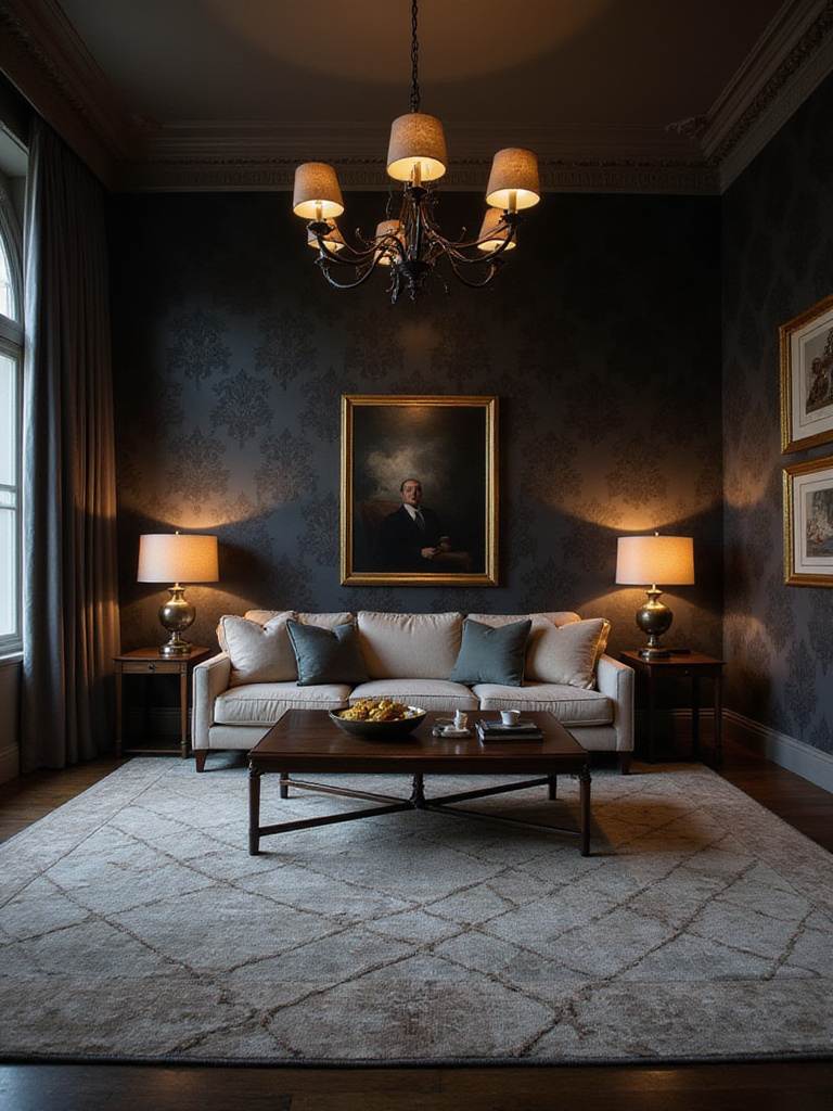 Large living room with dark wallpaper, light sofa, and warm lighting, creating a cozy atmosphere.