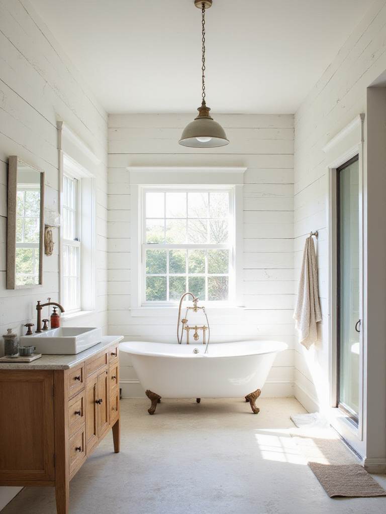 Rustic bathroom with white shiplap walls and vintage clawfoot tub