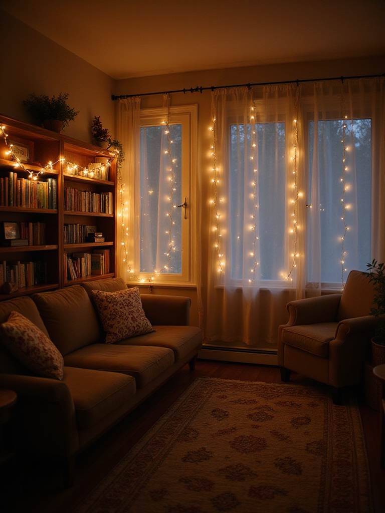 Cozy living room with string lights draped along a bookshelf and behind curtains.