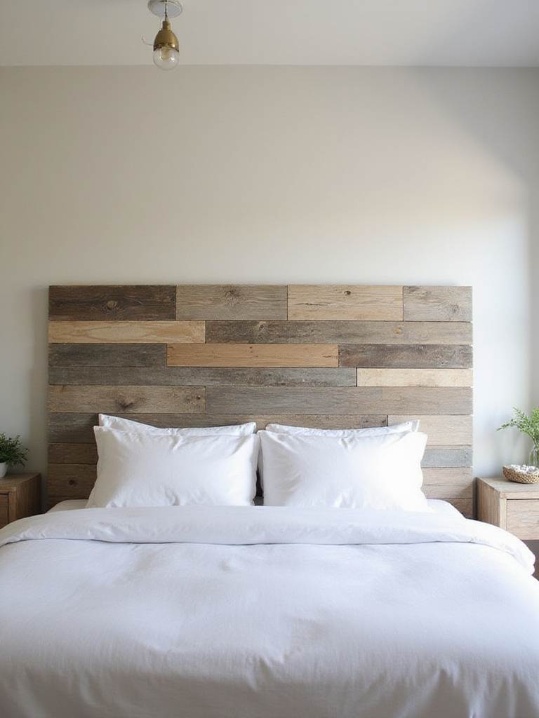 Farmhouse bedroom with a reclaimed wood plank headboard