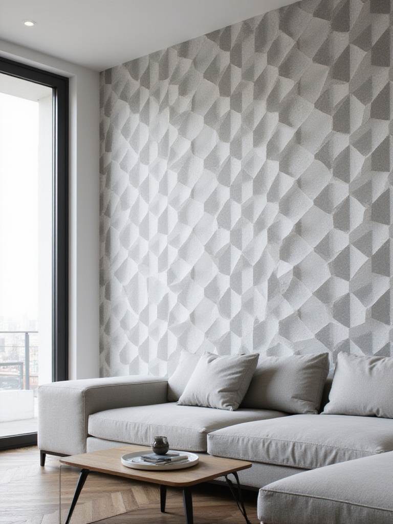 Modern living room with geometric 3D wallpaper creating depth and dimension.