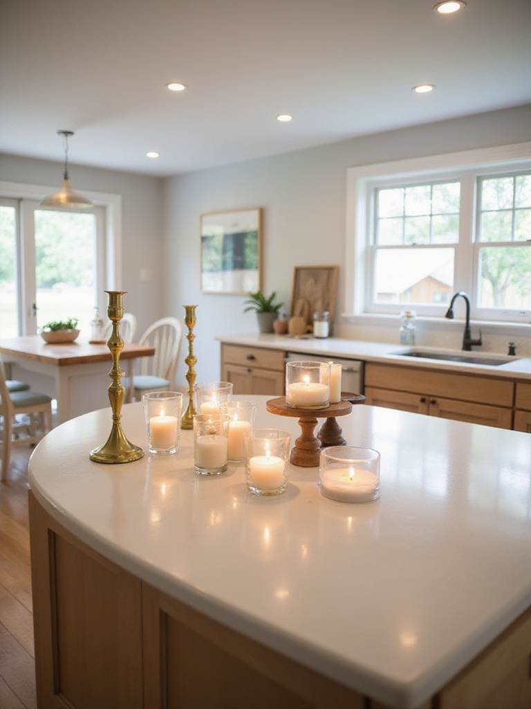 Kitchen island decorated with candle holders of varying heights and styles, creating a warm ambiance.