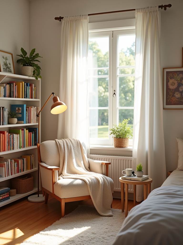 Cozy bedroom reading nook with armchair, books, and soft lighting