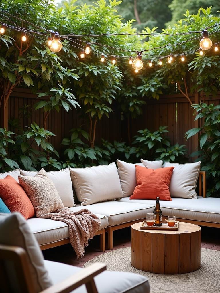 Cozy backyard patio nook with plush outdoor seating, throw pillows, and string lights.