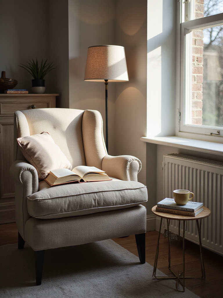 Cozy bedroom reading nook with armchair and stylish floor lamp