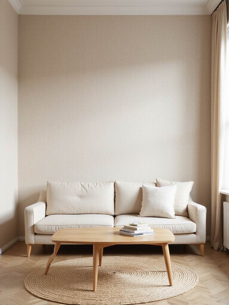 Cozy living room with beige grasscloth accent wall, neutral sofa, and natural wood furniture.