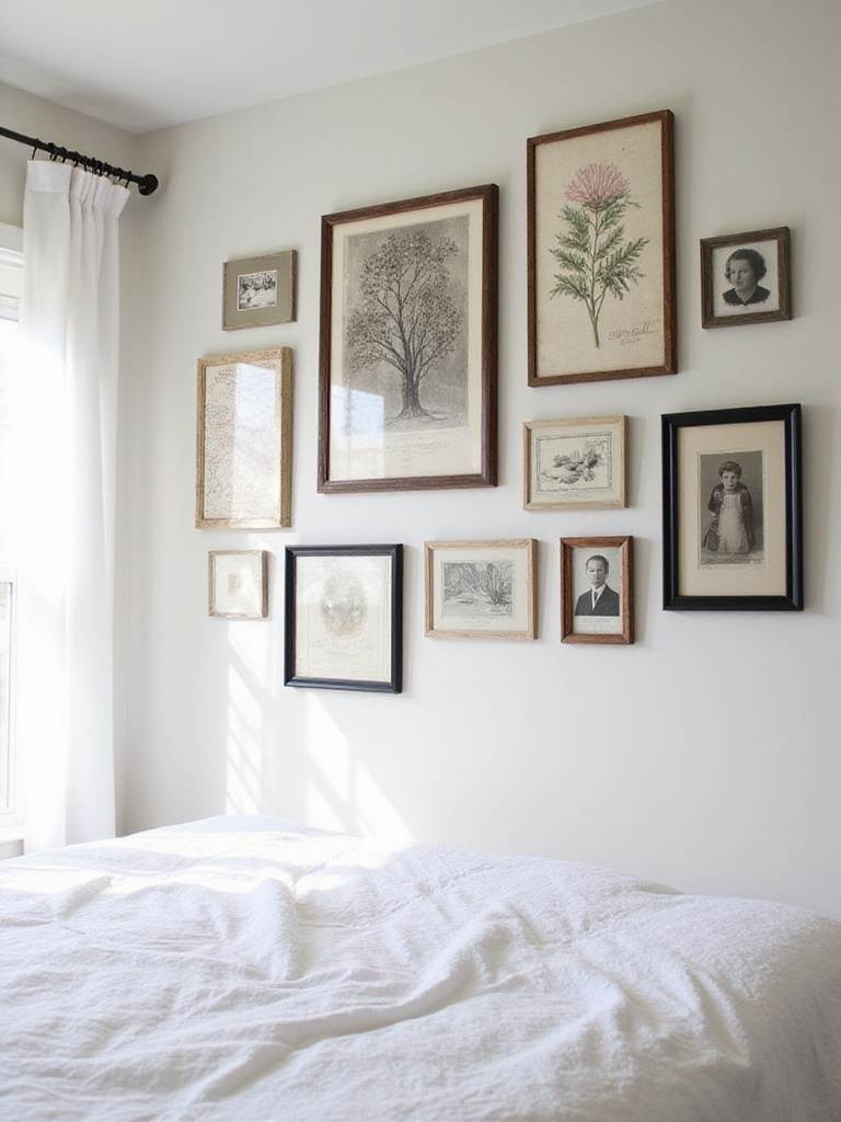 Farmhouse bedroom gallery wall with vintage prints and family photos