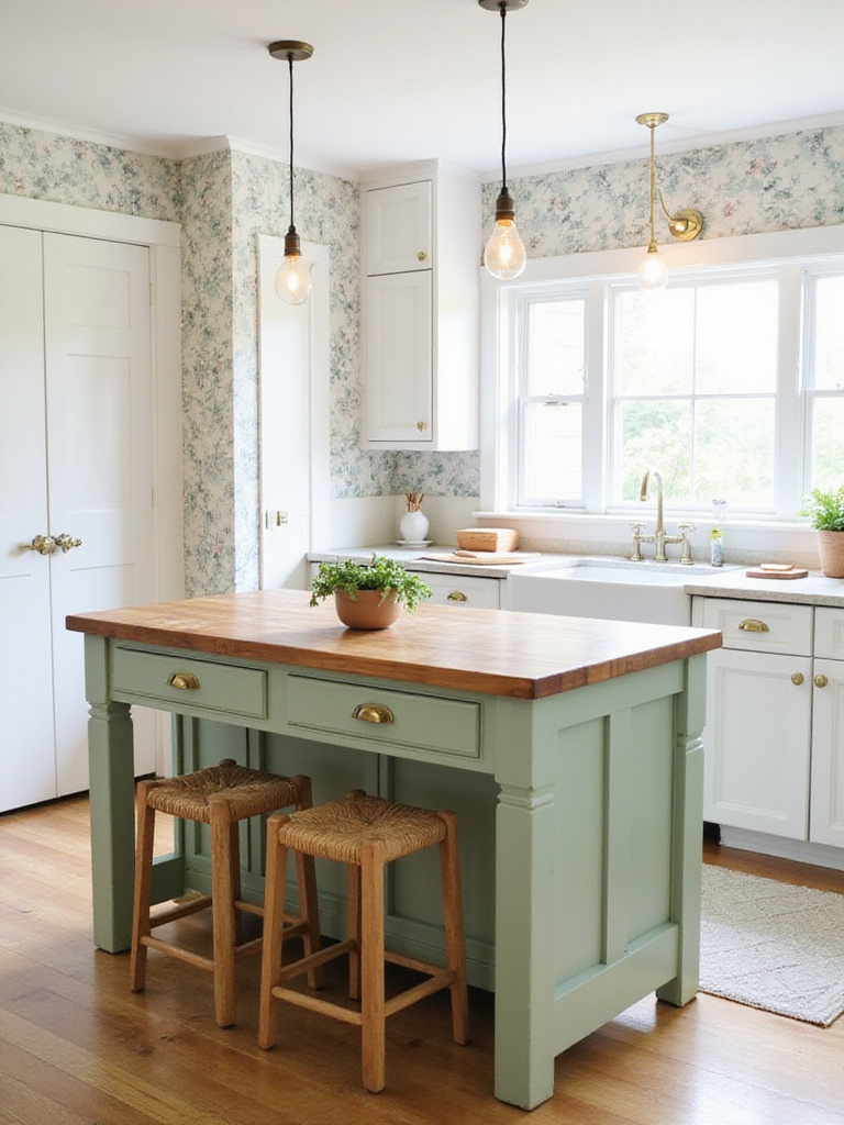 Cottage kitchen with sage green island and butcher block countertop.