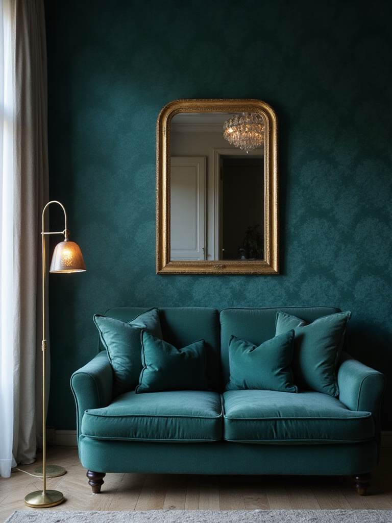 Luxurious living room with teal velvet wallpaper and gold accents