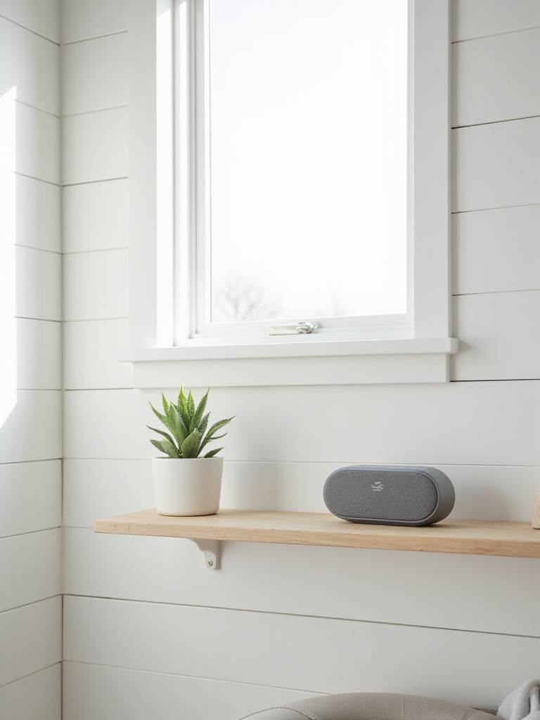 Relaxing coastal bathroom with Bluetooth speaker playing ocean sounds