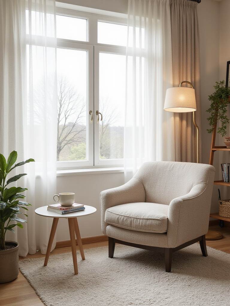 Relaxing master bedroom seating area with armchair, side table, and natural light.