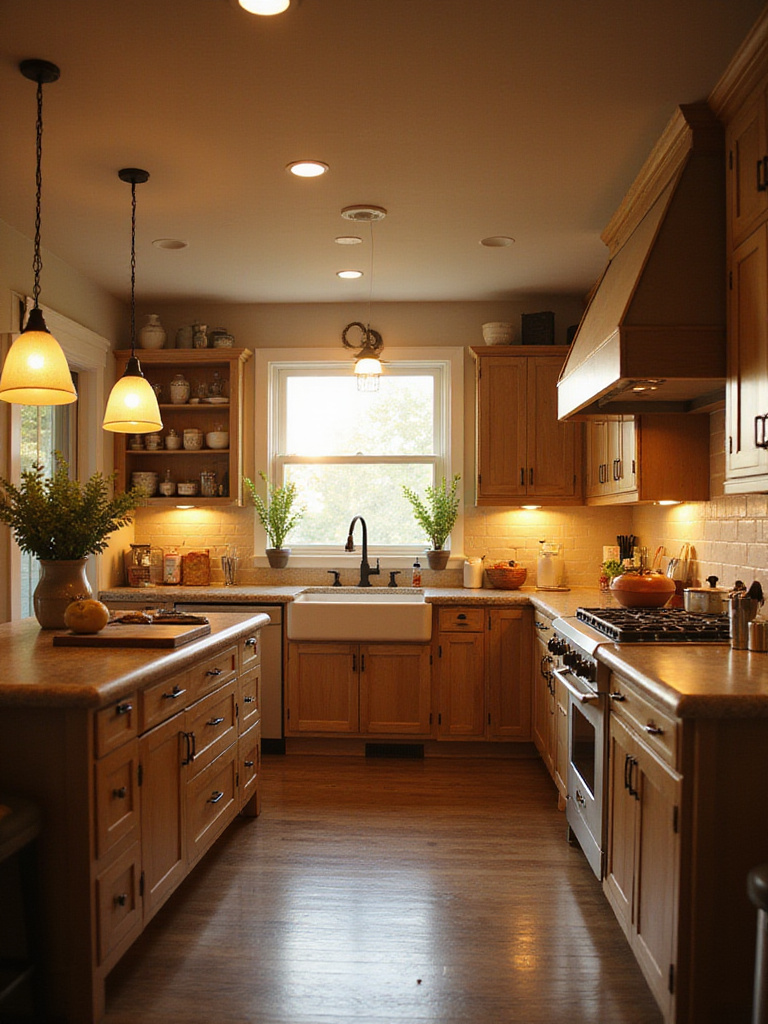 Cottage kitchen with warm and inviting soft lighting