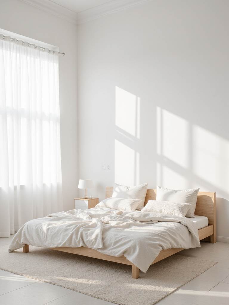Serene white bedroom with crisp white walls, bathed in soft natural light.