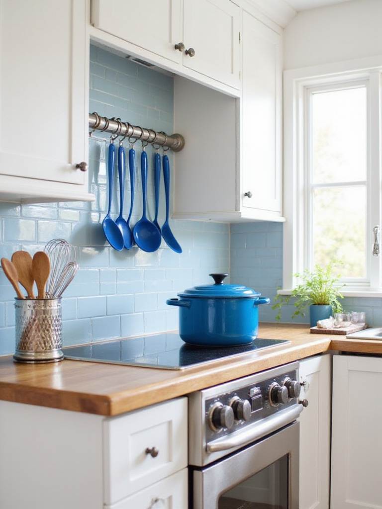 Blue Dutch oven and blue utensils in a white and wood kitchen