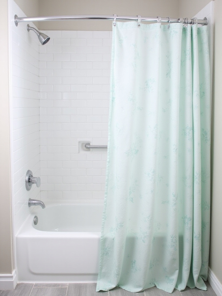 Modern bathroom with floral shower curtain and chrome curved shower rod.