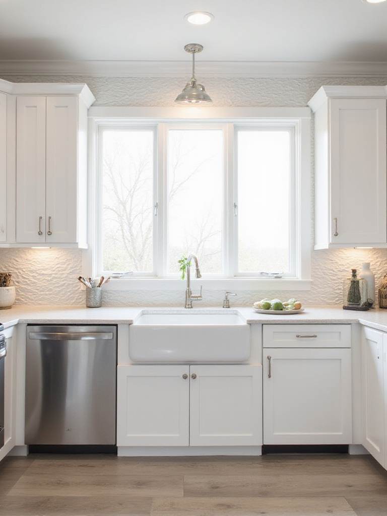 Contemporary kitchen backsplash featuring white 3D textured wave tiles creating depth and visual interest.