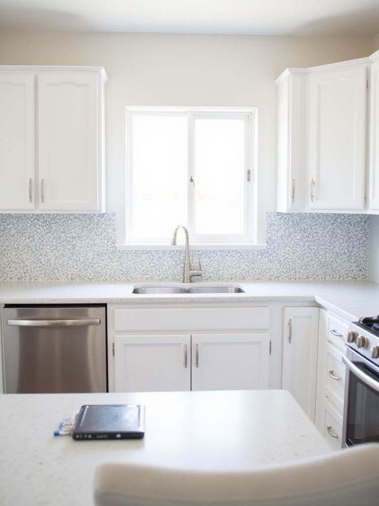 Modern kitchen with DIY peel-and-stick geometric backsplash
