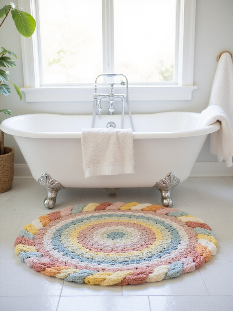 DIY braided towel bath mat in a bright bathroom