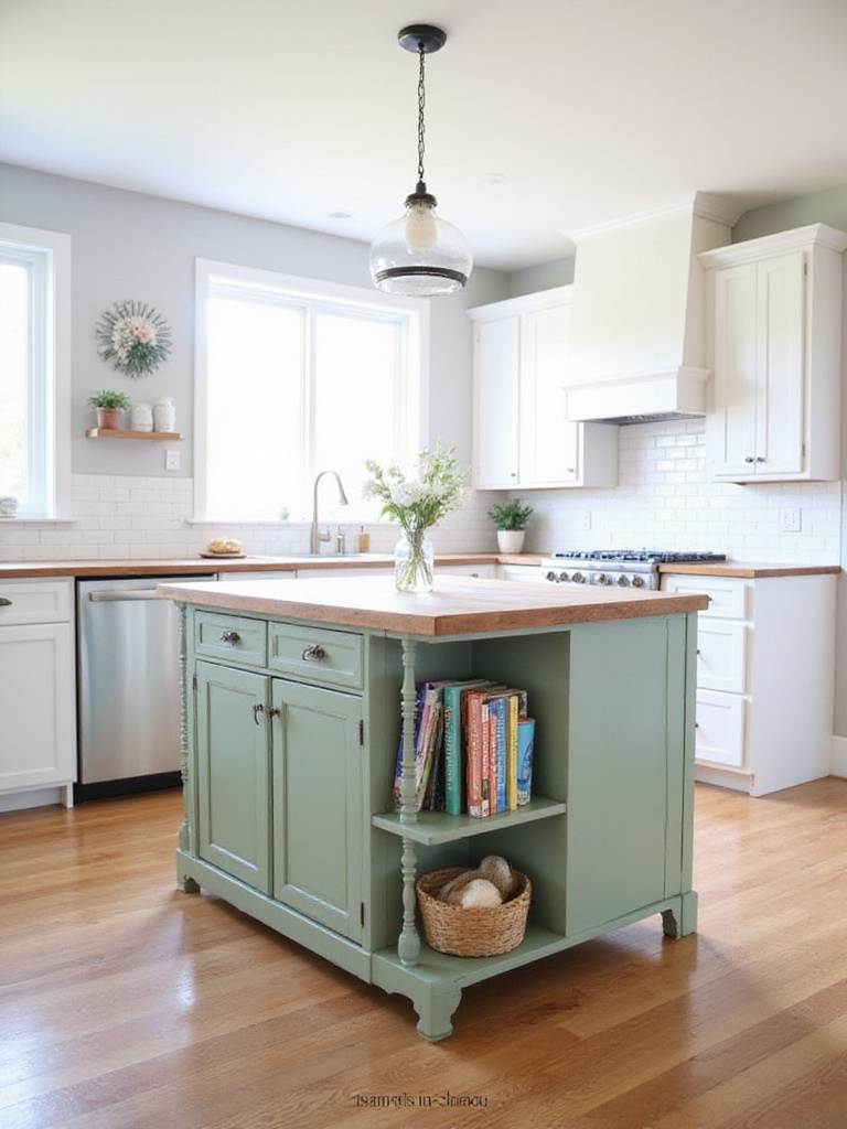 DIY kitchen island made from repurposed dresser with butcher block countertop.