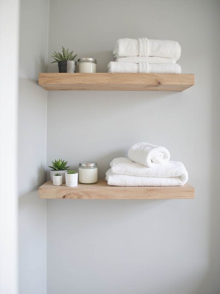 DIY floating shelves in a modern bathroom, showcasing budget-friendly storage solutions.