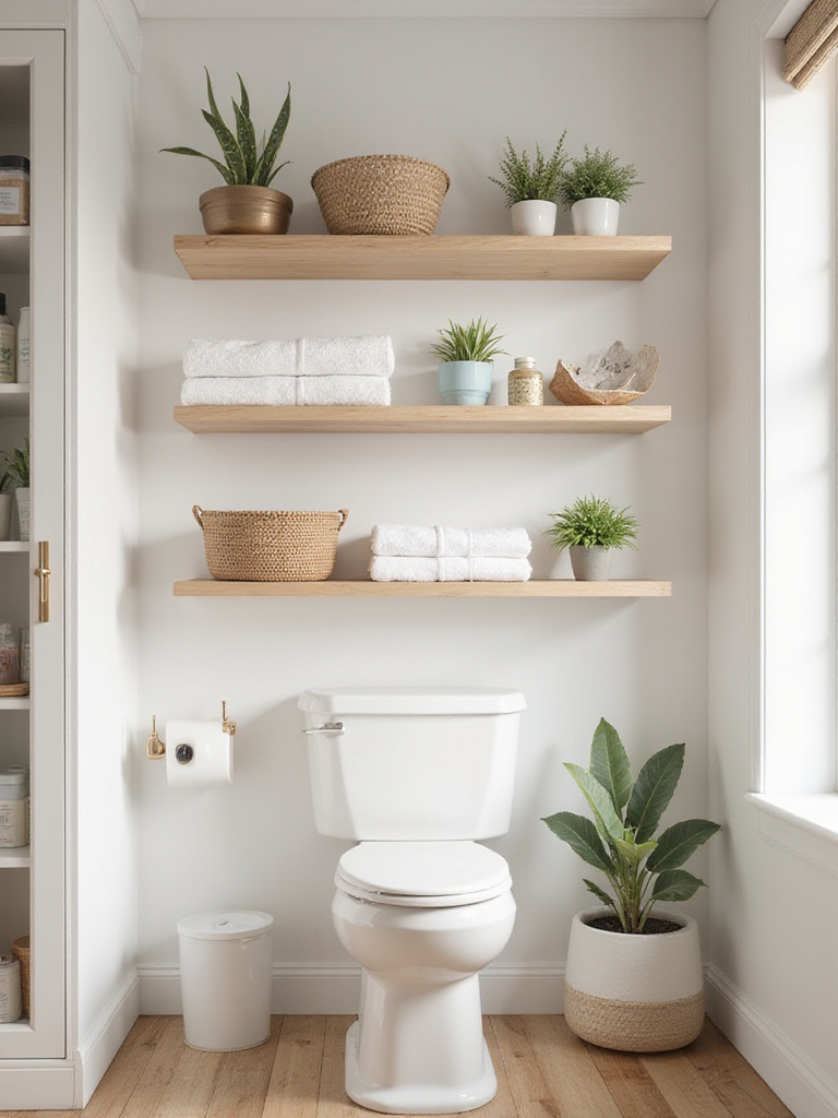 Bathroom with DIY floating shelves and vertical storage cabinet for maximizing space.