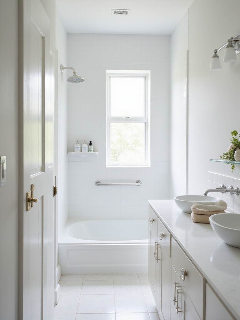 Clean and decluttered bathroom vanity and shower showcasing a zero-dollar renovation tactic.
