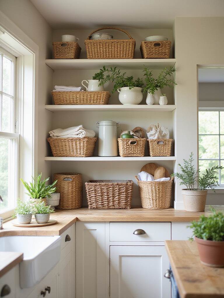 Cottage kitchen open shelving with woven storage baskets holding kitchen items.