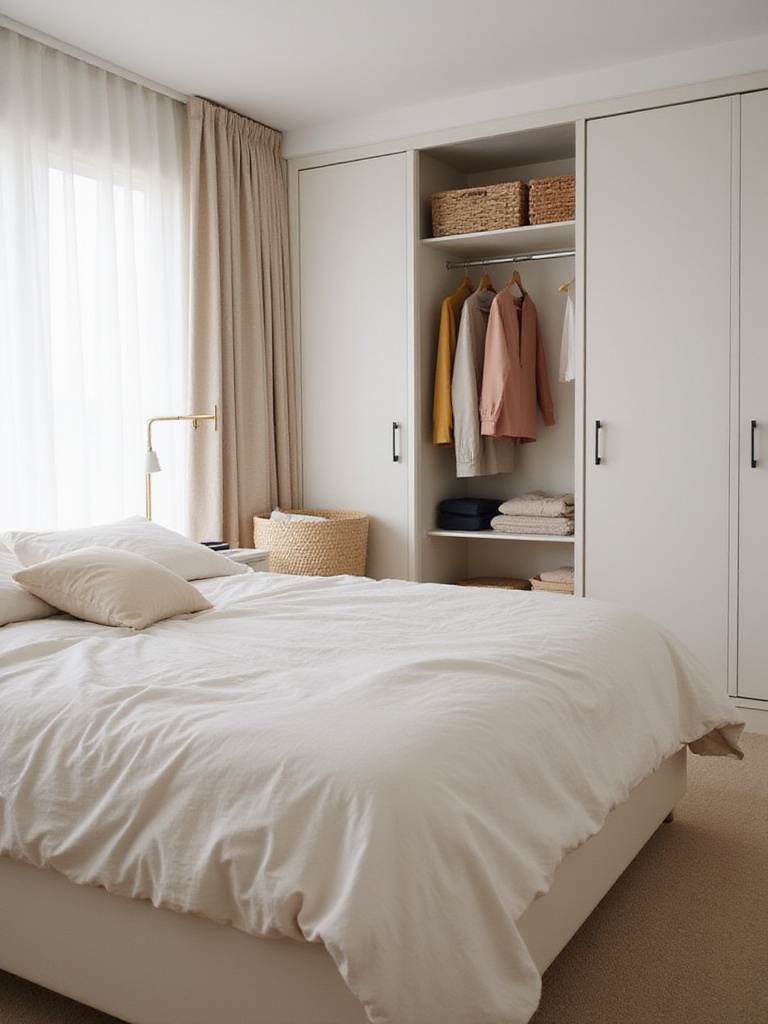 Calm and uncluttered minimalist bedroom featuring a neatly organized bed, closet, and nightstand.