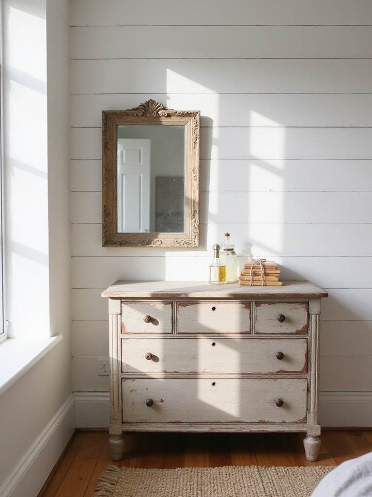 Farmhouse bedroom featuring a vintage dresser with antique perfume bottles and books.