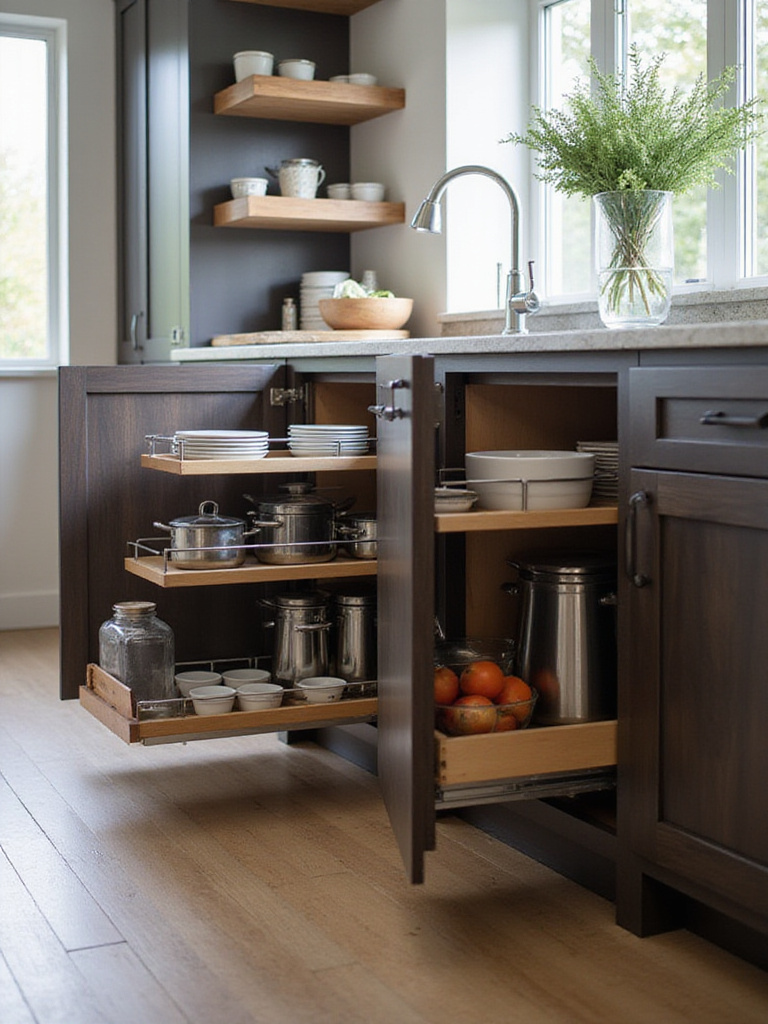 Deep base cabinets with pull-out shelves maximizing kitchen storage