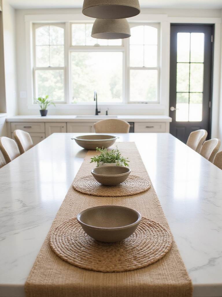 Kitchen island decorated with a jute runner and woven placemats.