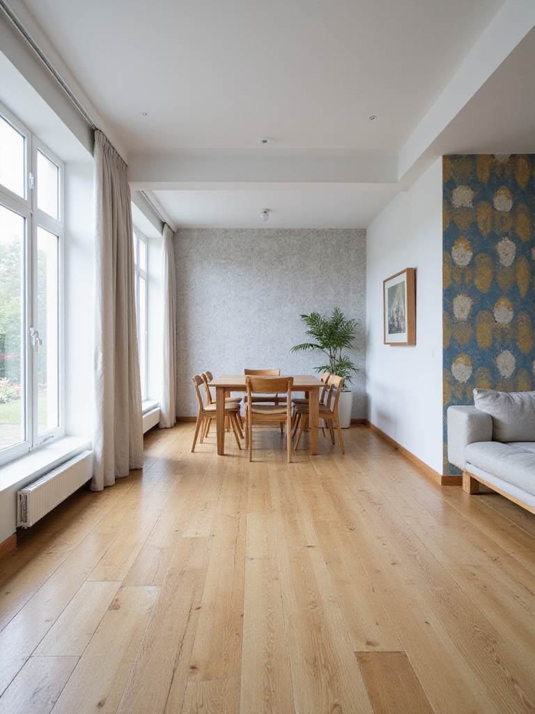 Open-plan living room with different wallpapers defining the seating and dining areas.