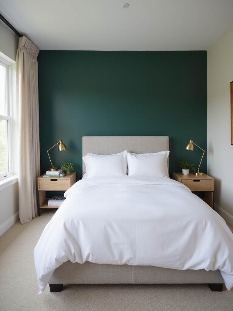 Master bedroom with a bold emerald green accent wall behind the bed.