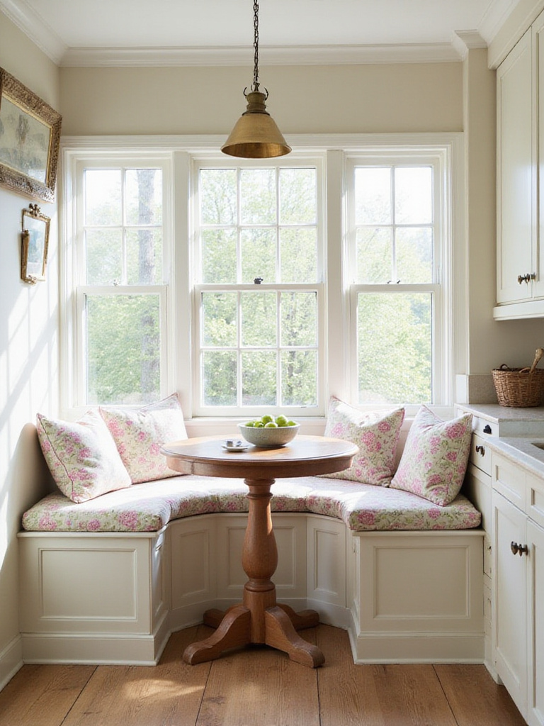 Cozy cottage kitchen breakfast nook with floral cushions and natural light