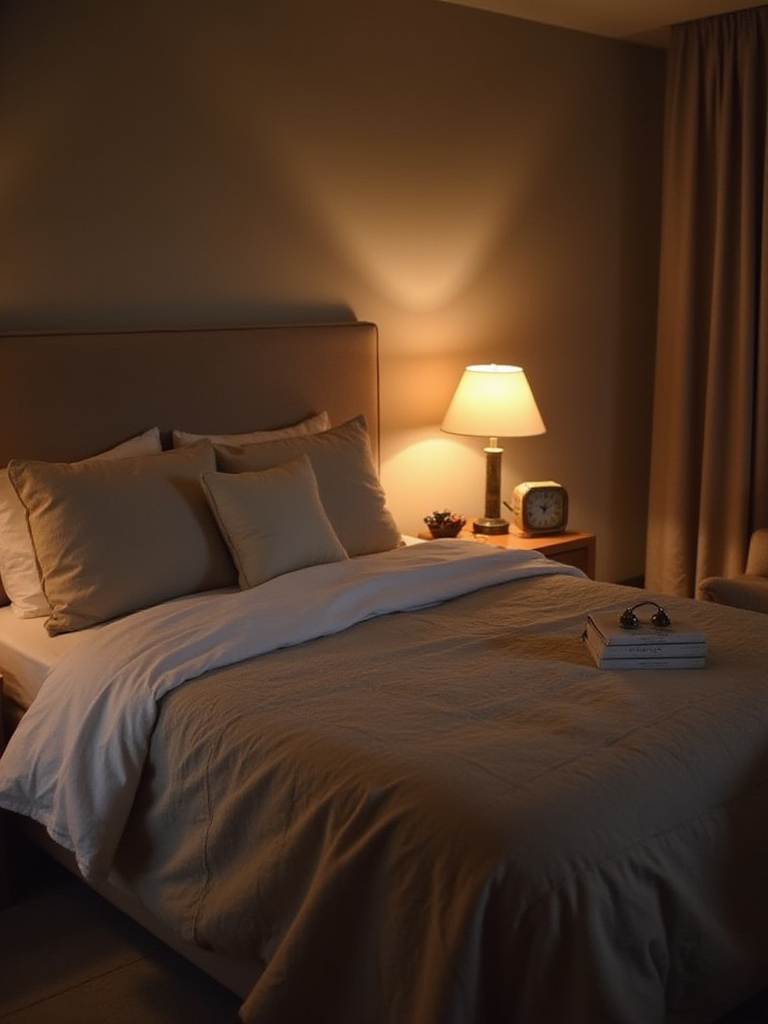 Calm master bedroom with soft lighting, books, and an analog alarm clock on the nightstand, promoting a tech-free sanctuary for sleep.