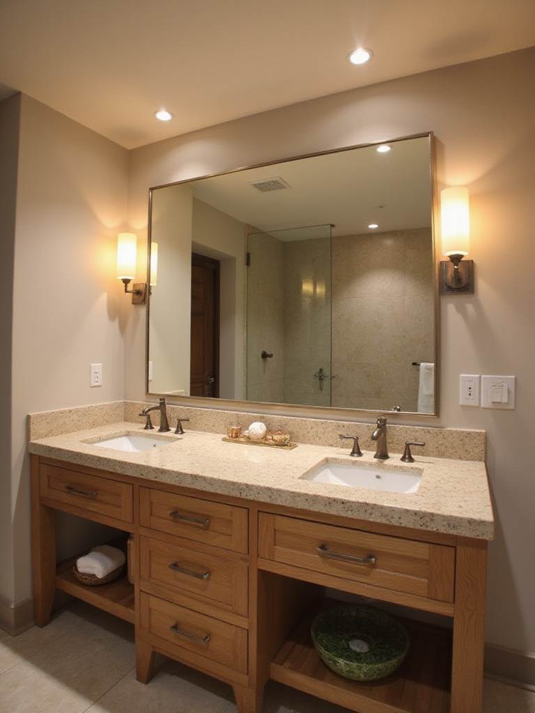 Modern bathroom with dimmable vanity lights and recessed lighting, creating a relaxing and adjustable atmosphere.
