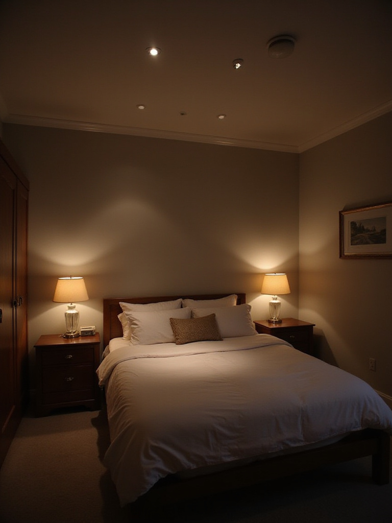 Bedroom with dimmable bedside lamps and recessed lighting creating a relaxing ambiance