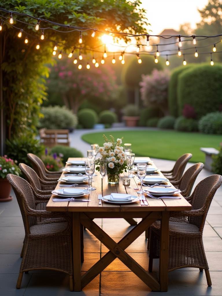 Elegant outdoor dining set on a backyard patio, perfect for al fresco meals.