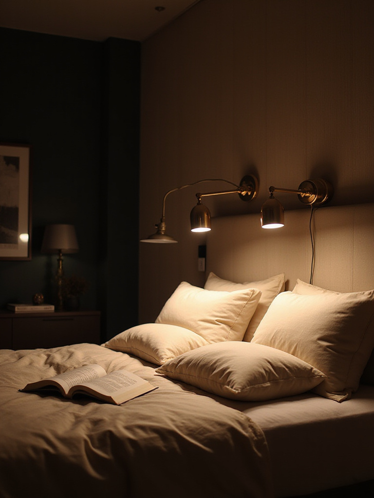 Modern bedroom with wall-mounted directional reading lights providing focused illumination.