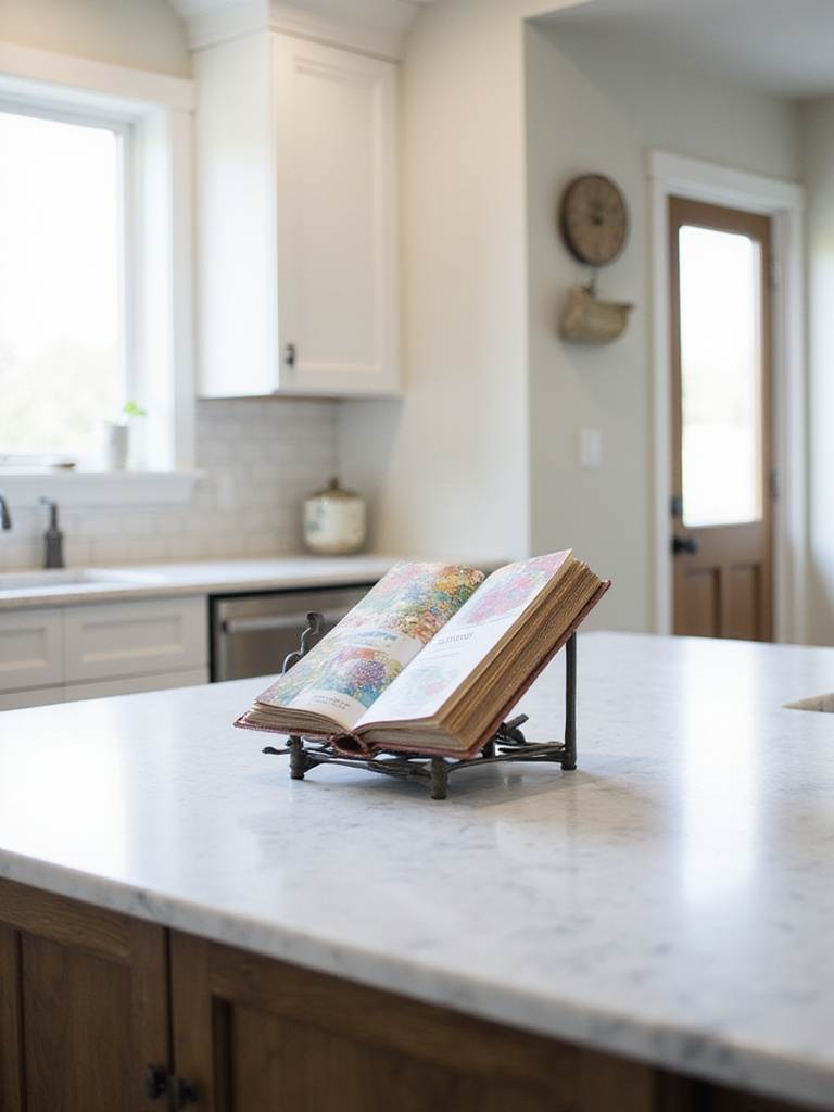 Elegant cookbook stand displaying a colorful cookbook on a white marble kitchen island.