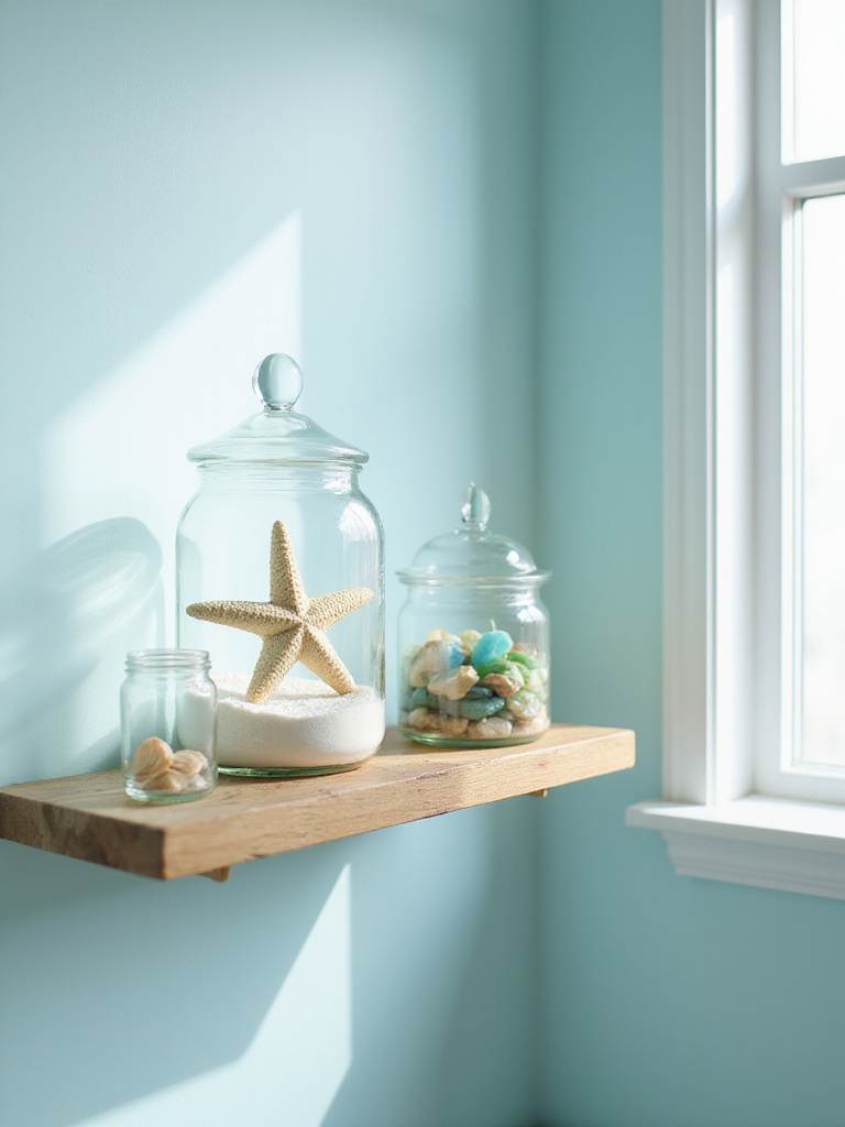Coastal bathroom shelf decor featuring starfish, seashells, and sea glass in glass jars