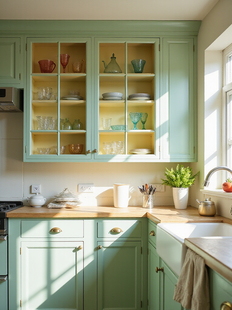 Cottage kitchen with green cabinets and glass-front doors displaying vintage china and glassware.