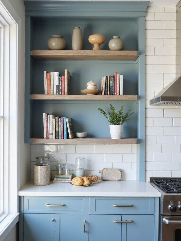Blue kitchen shelves displaying cookbooks, vases, and a plant in a modern kitchen